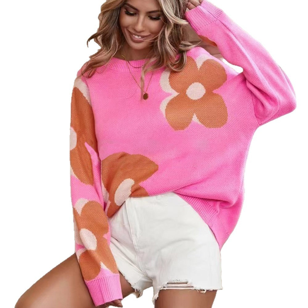 Pull en tricot décontracté pour femmes avec un grand motif floral et un col haut Chic und Stil