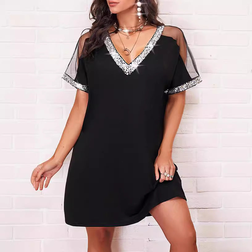 Shift Dress with Rhinestone Decor and V-Neckline for Women Chic and Stylish