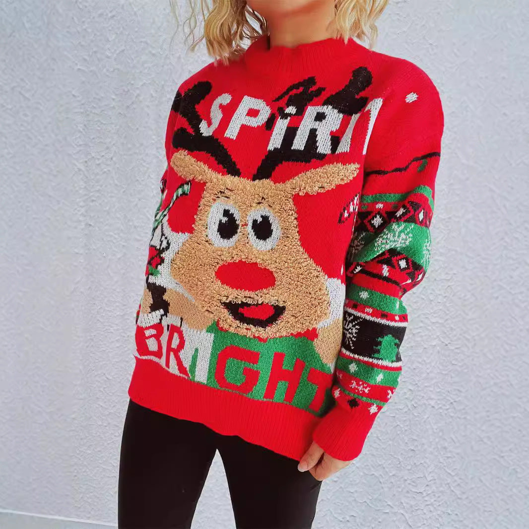 Pull femme festive avec design de renne de Noël et couleurs vives Chic und Stil