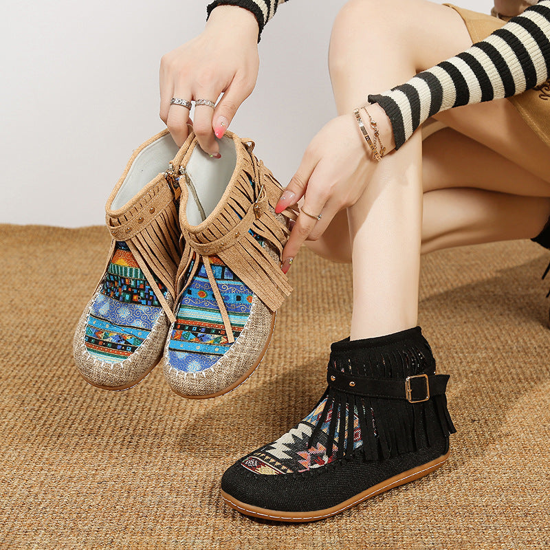 Bottes courtes à franges pour dames en tissu de haute qualité avec un motif ethnique coloré Chic und Stil