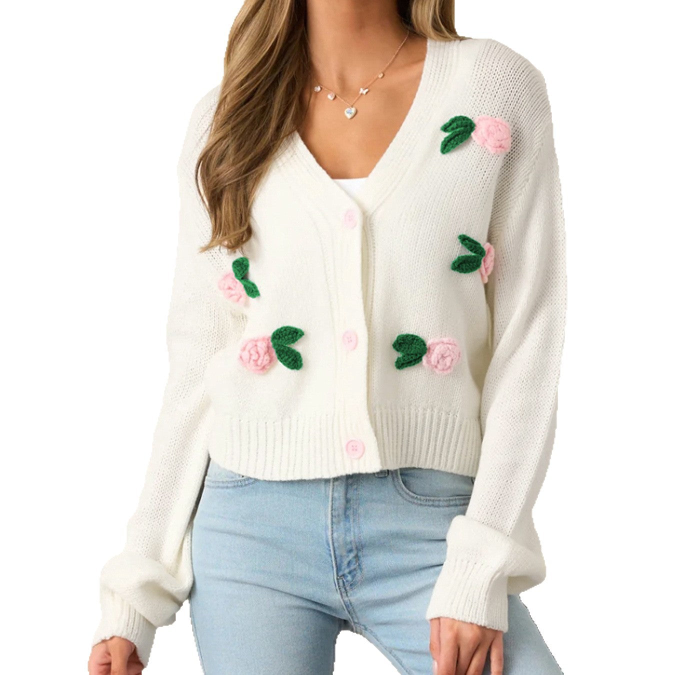 Veste en tricot pour femmes avec des appliqués floraux et des détails de bouton confortables Chic und Stil