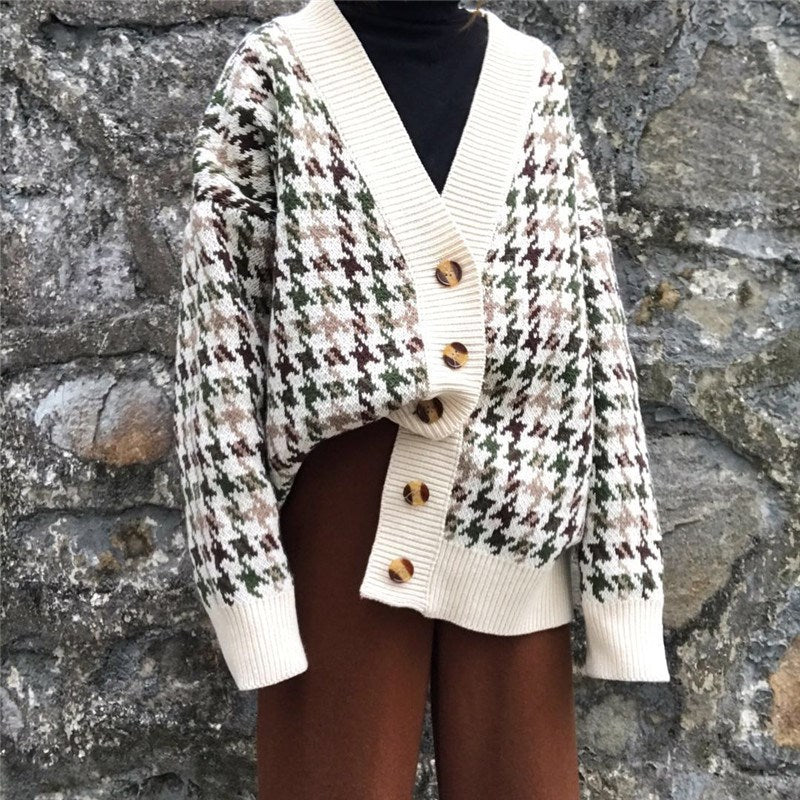 Veste en tricot à carreaux pour femmes avec boutons vintage Chic und Stil