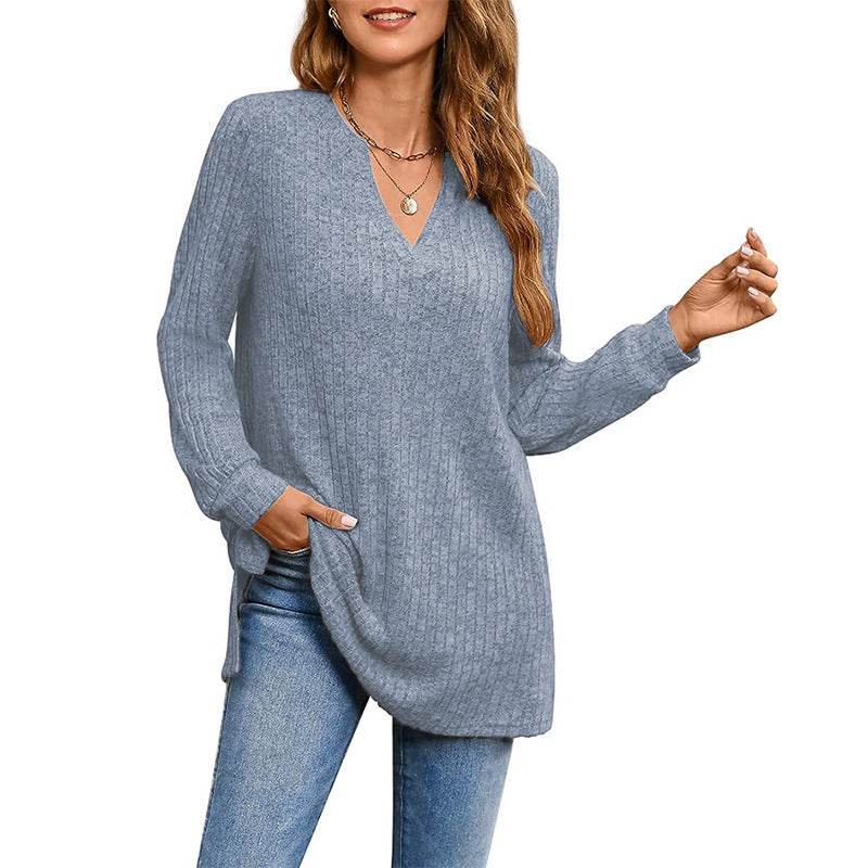 Pull tunique à col V côtelé pour femme Chic und Stil