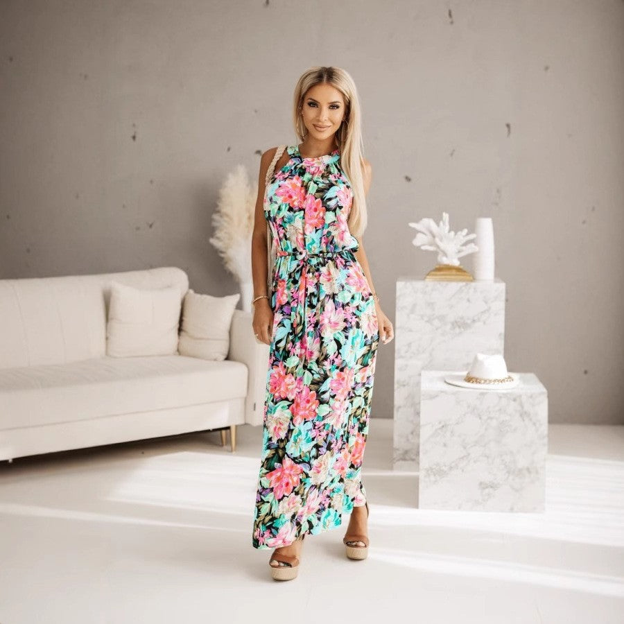 Women's Floral Maxi Dress with Adjustable Tie Belt Chic und Stil