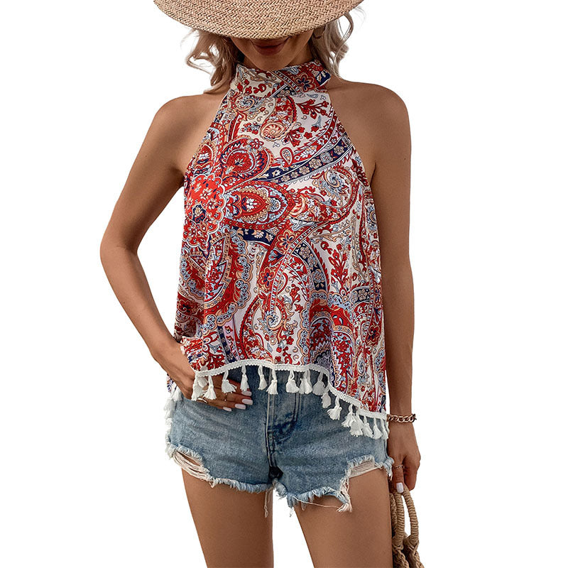 Top boho à franges avec décolleté en halter pour dames imprimé Chic und Stil
