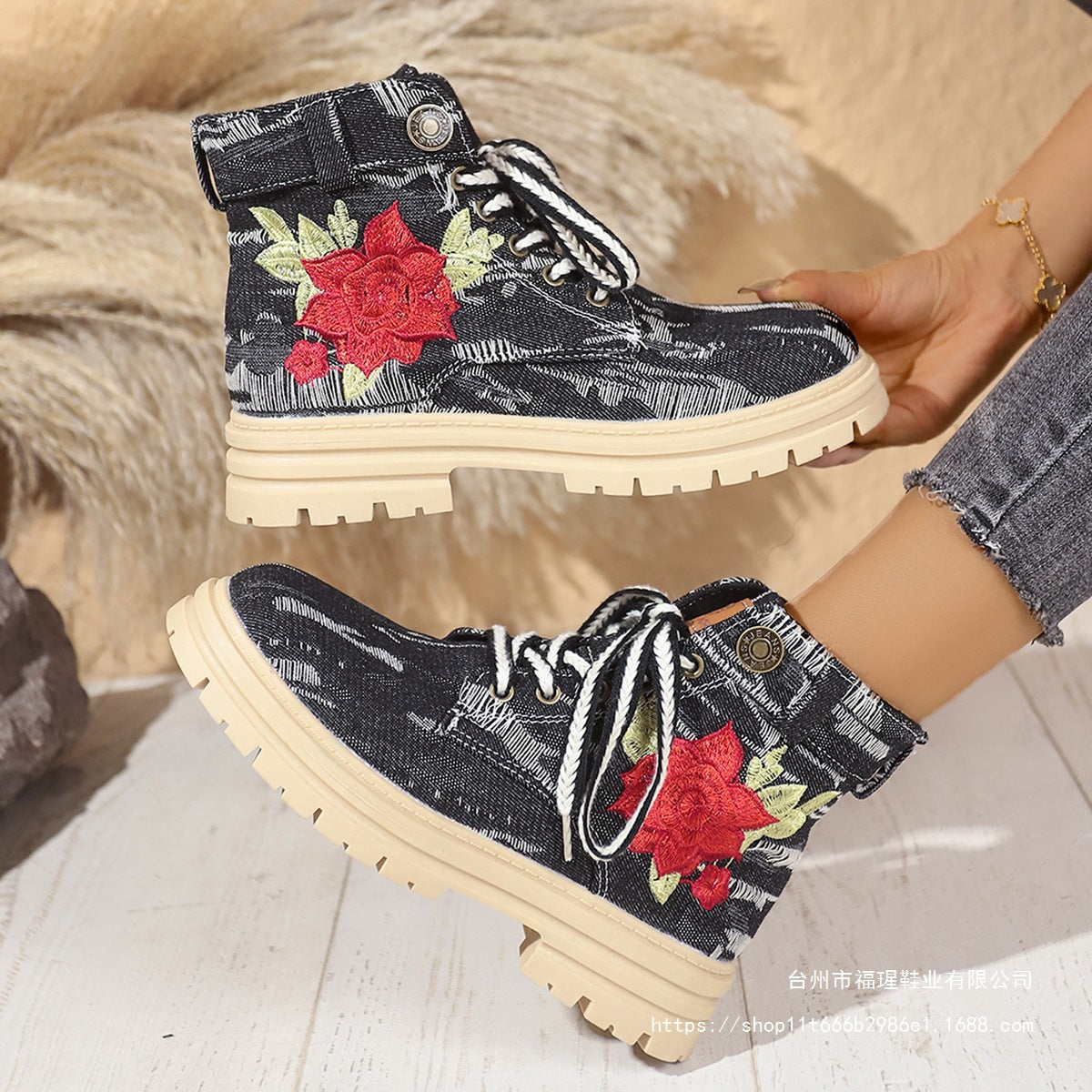 Bottes à lacets féminines avec broderie florale et semelle antidérapante Chic und Stil