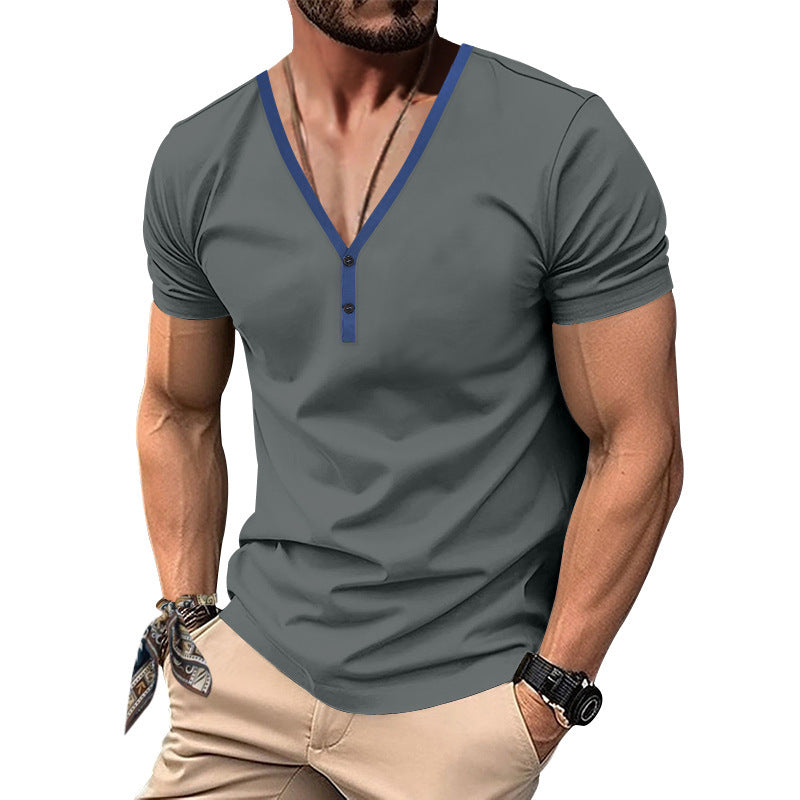 T-shirt pour hommes à col en V avec patte de boutonnage et détail contrastant Chic und Stil