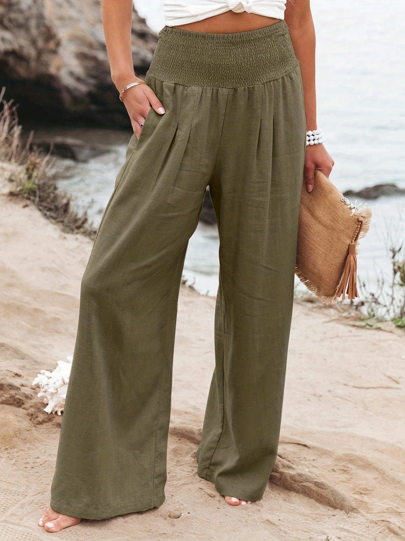 Pantalon d'été ample pour femmes avec taille élastique et élégant drapé Chic und Stil