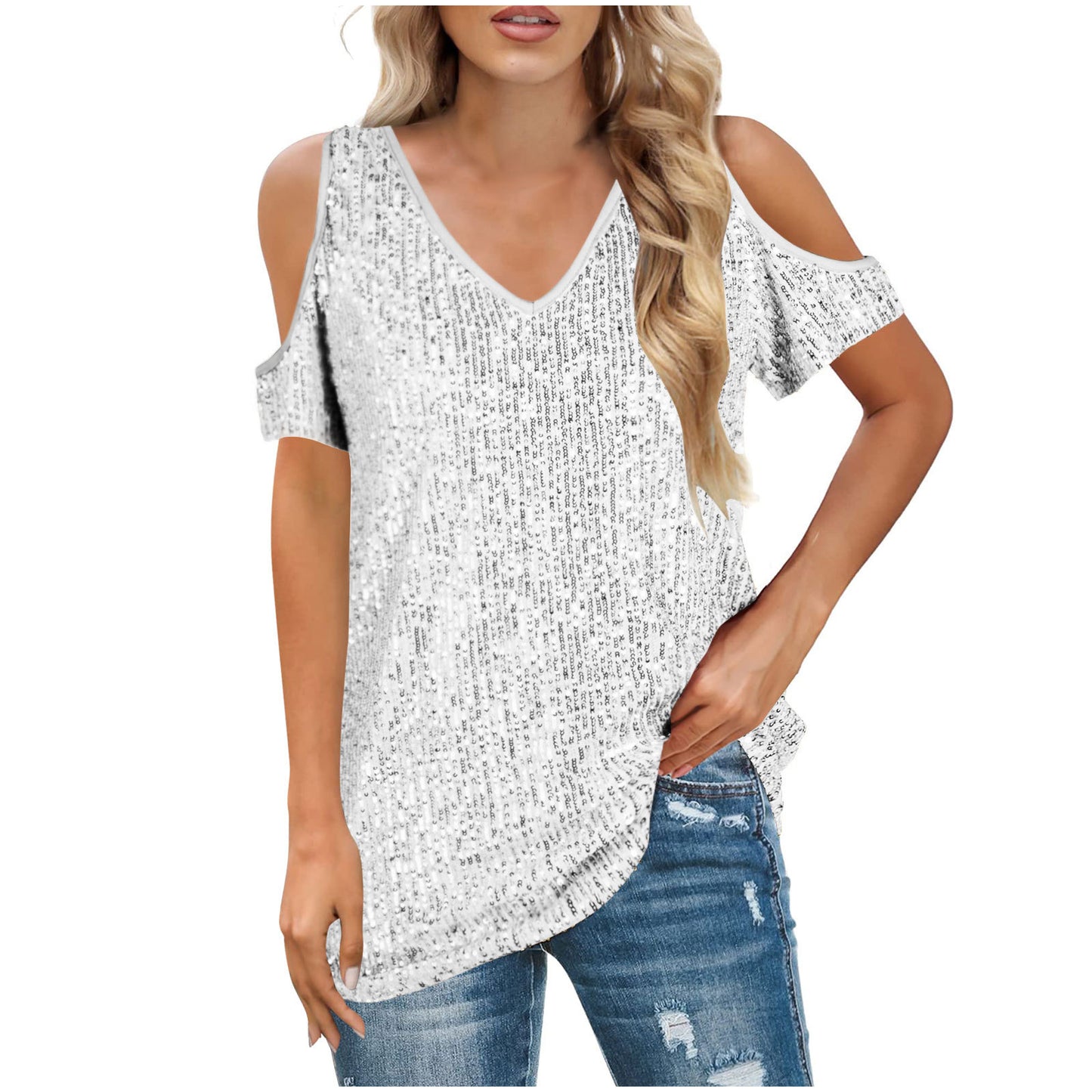 Dames Cold Shoulder Pailletten Top Chic und Stil
