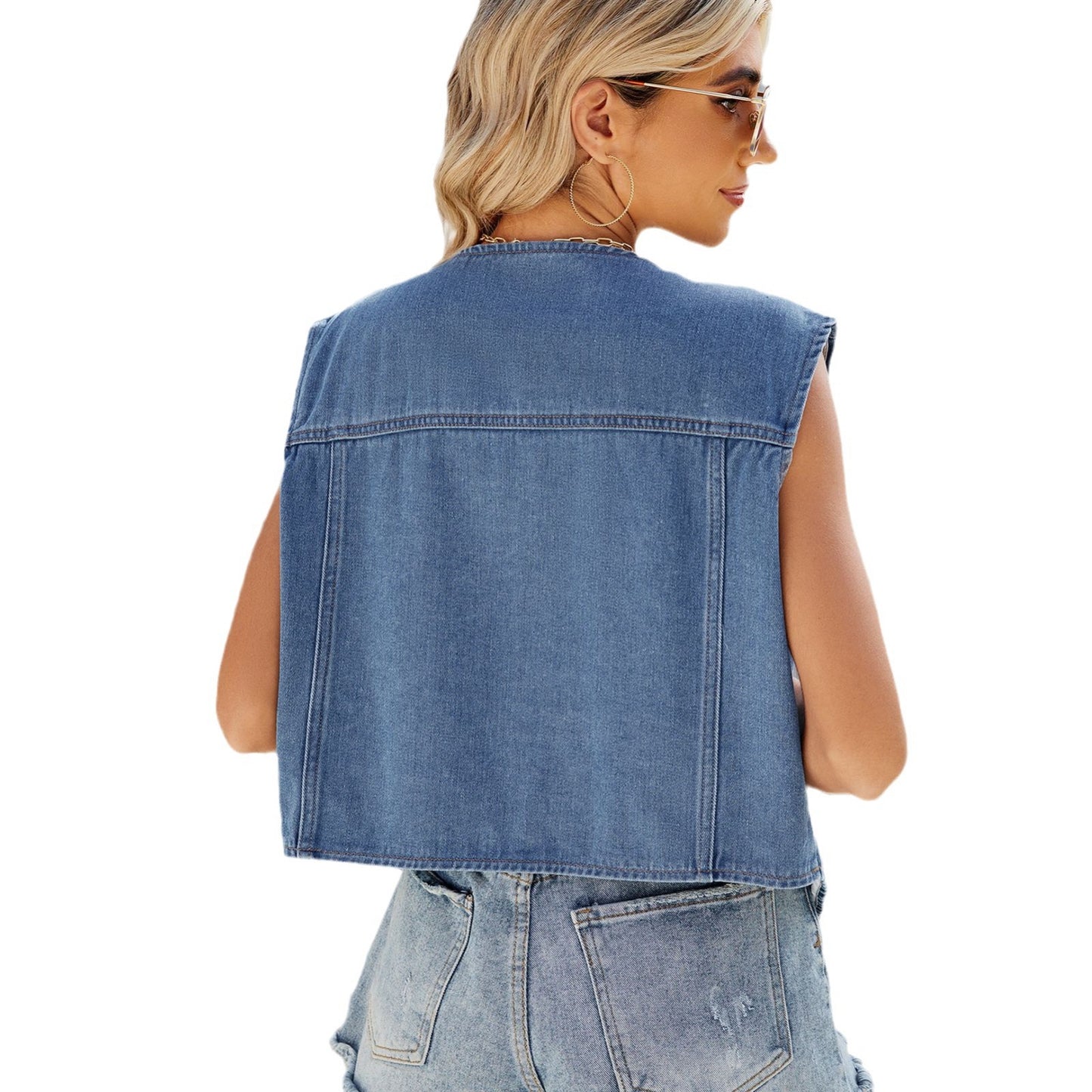 Women's Denim Vest with Deep V-Neck and Practical Pockets Chic and Stylish