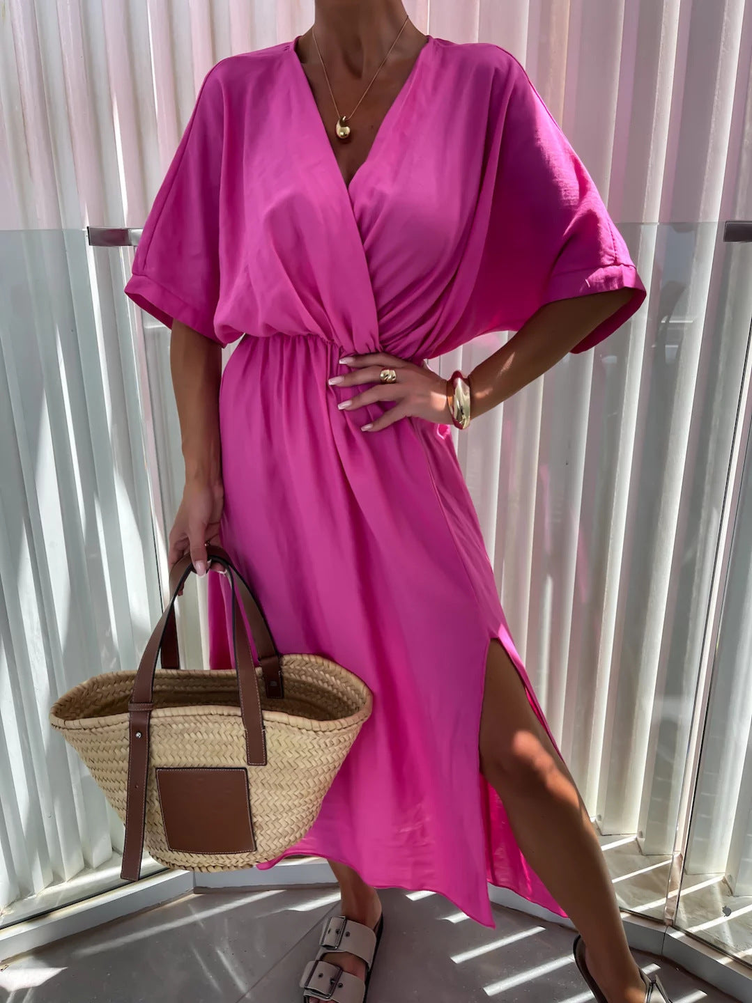 Robe maxi décontractée pour femme avec décolleté en V profond et taille élastique Chic und Stil