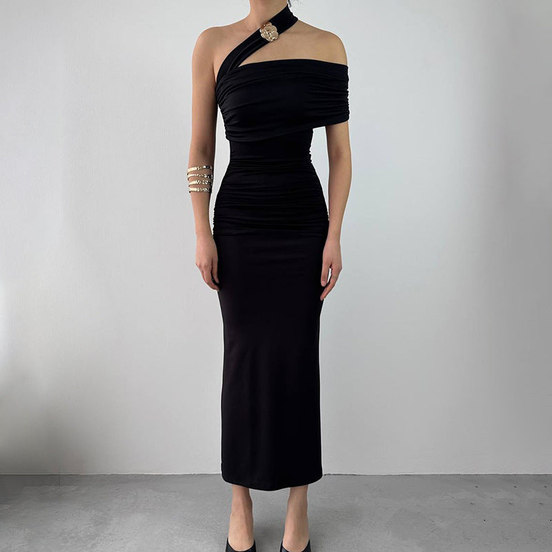 Robe midi à épaule unique froncée pour femme Chic und Stil