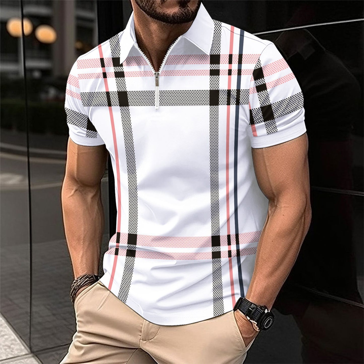 Hommes Polo à carreaux élégant avec ZIP devant Chic und Stil