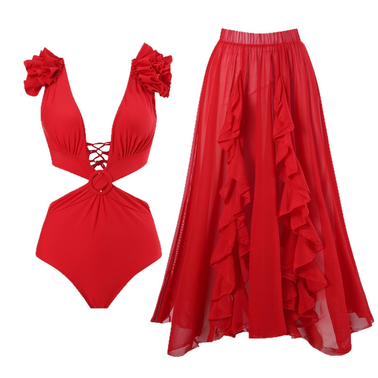 Maillot de bain femme avec détails en volants et jupe imprimée Chic und Stil