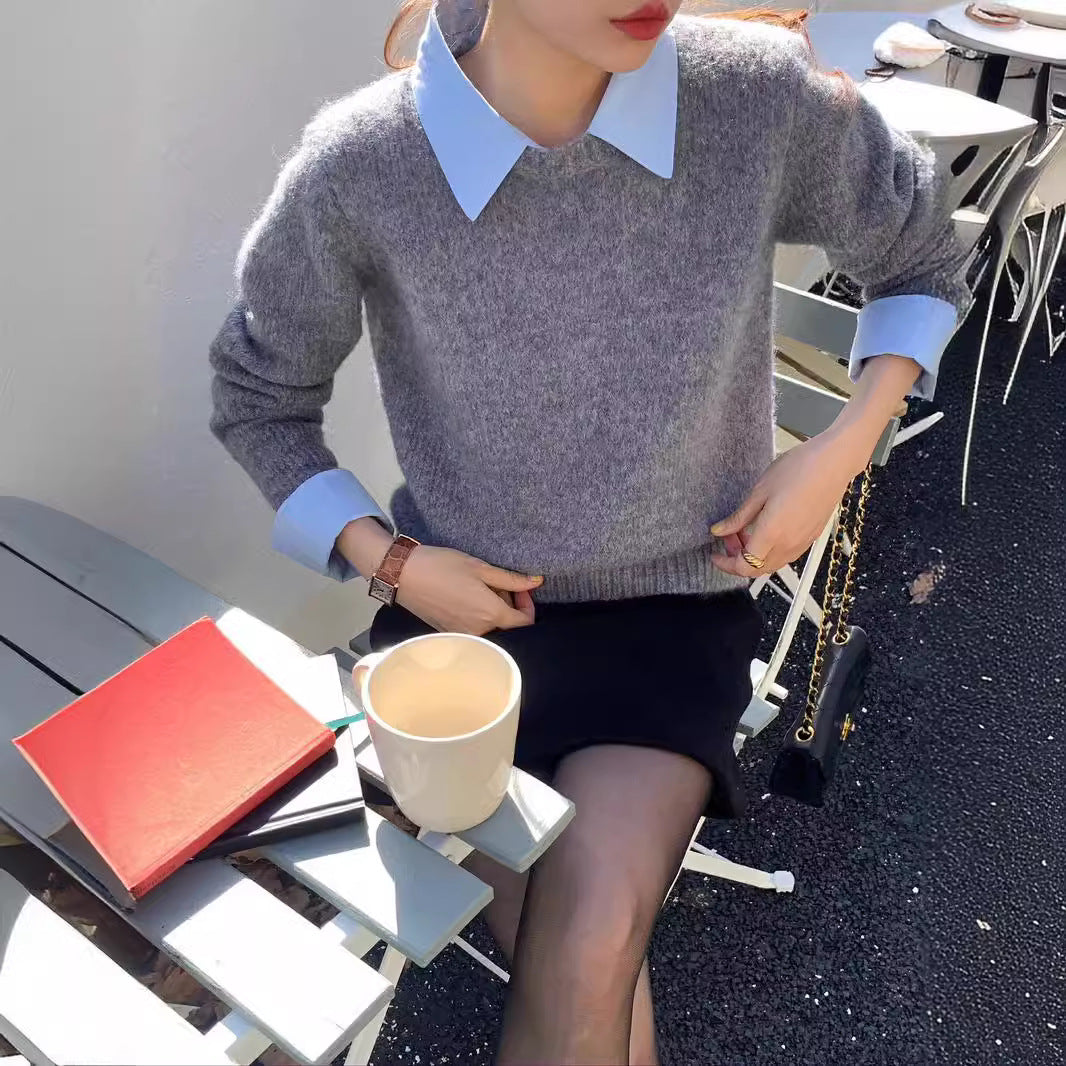 Pull décontracté pour dames avec encolure bleue et col moderne Chic und Stil