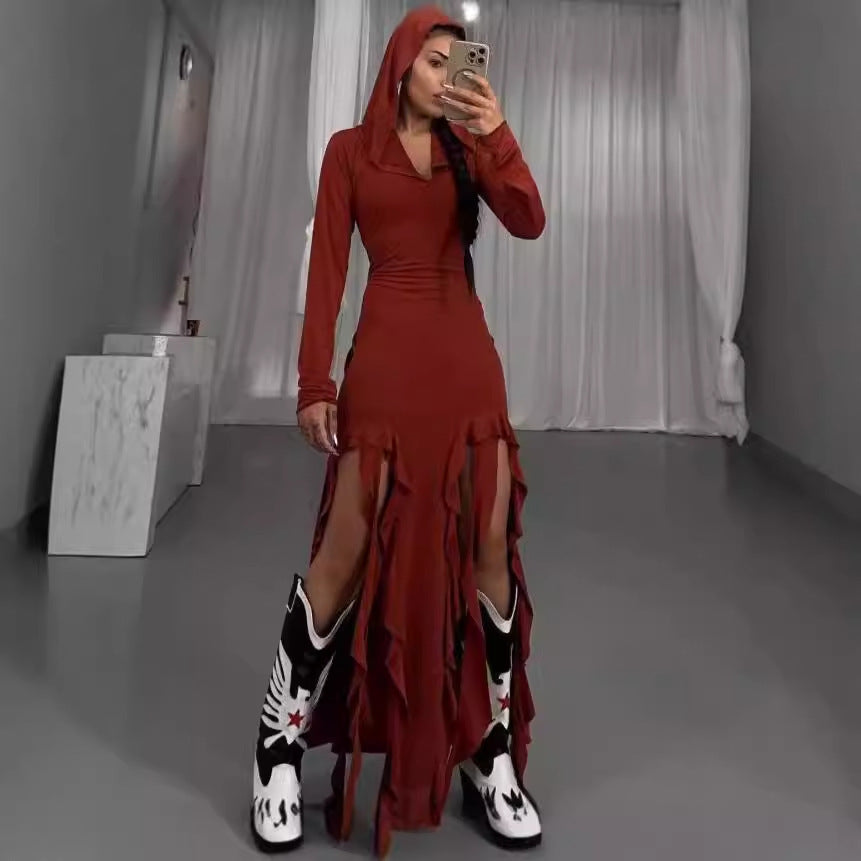 Robe maxi à manches longues pour femmes avec capuche et détails en volants Chic und Stil