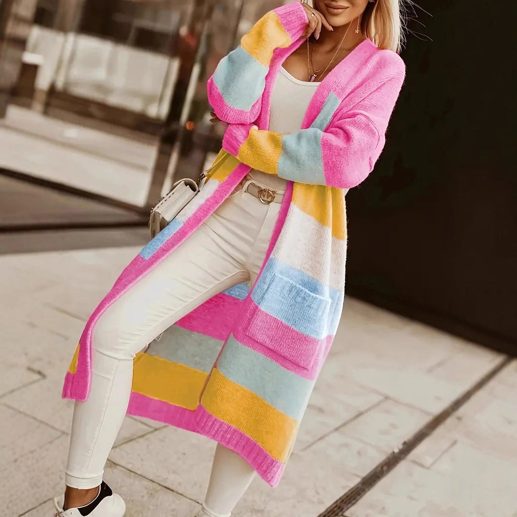 Veste longue en tricot à rayures colorées pour femmes Chic und Stil