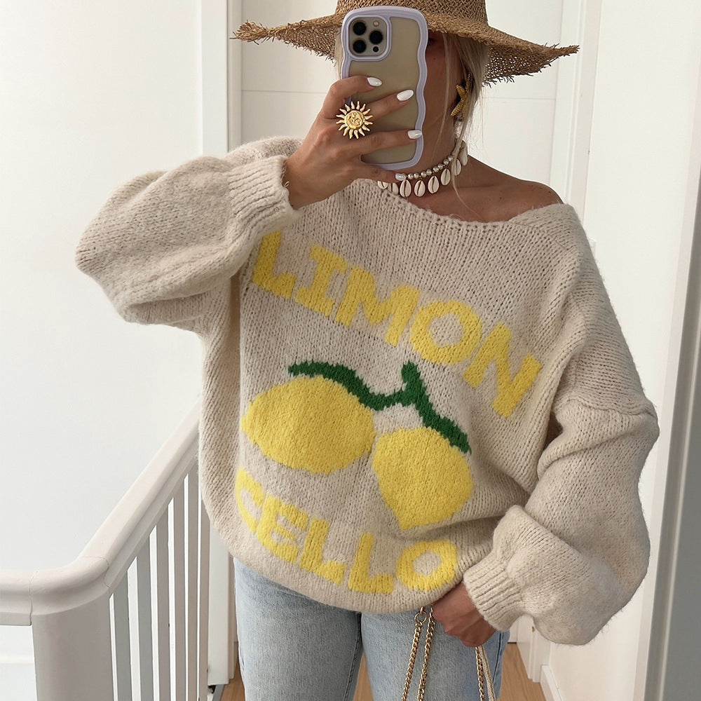 Cardigan à mailles épaisses pour femmes avec un motif de citron unique et une fermeture à boutons Chic und Stil