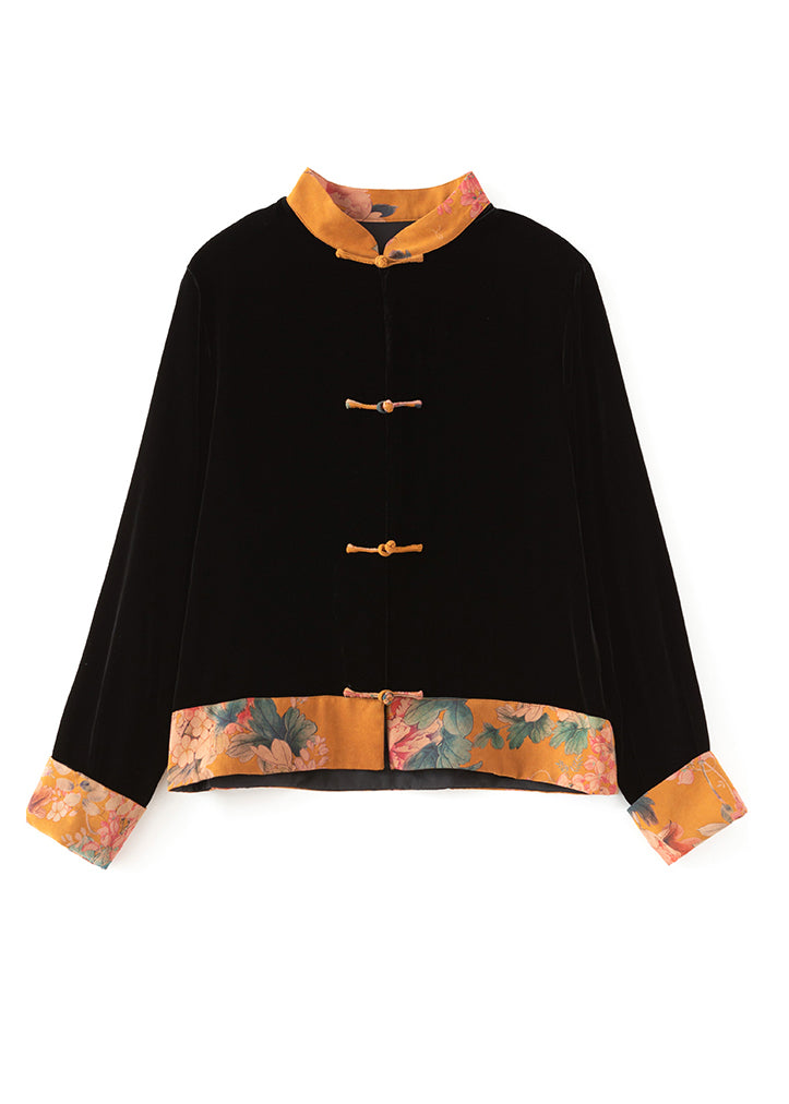 Chic und Stil | Black velvet coats with high collar, patchwork print and long sleeve buttons