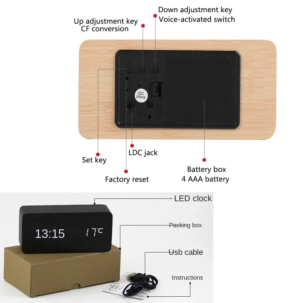 Chic and Style | Wooden LED Smart Alarm Clock for Bedroom