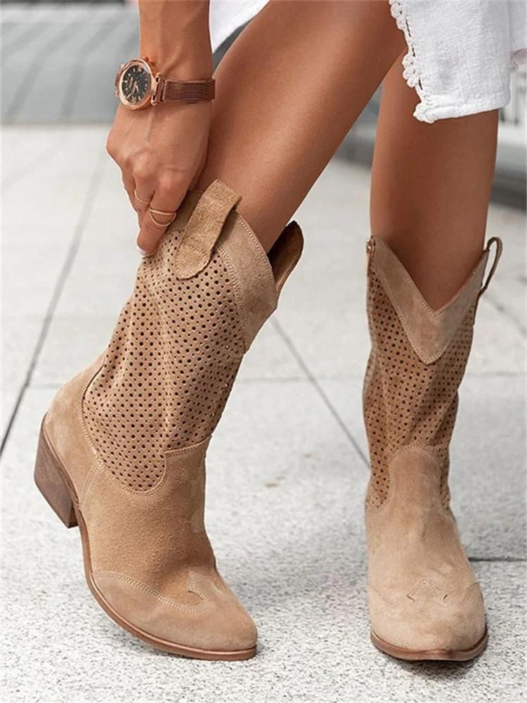 Chic und Stil | Cowboy Boots - Stylish women's boots with perforations and block heel