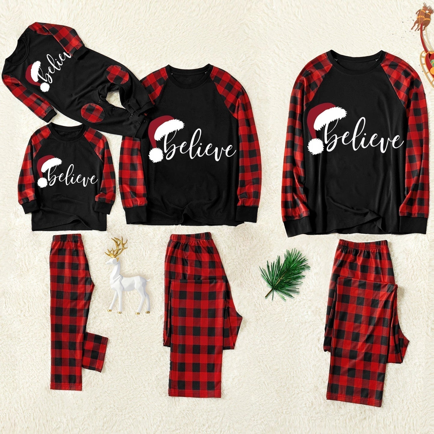 Chic und Stil | Christmas “Ho Ho Ho” Letters Print Santa Claus & Gingerbread & Moose Pattern Contrast Black Top and Black & Red Checked Pants Family Matching Pajama Set with Dog Bandana