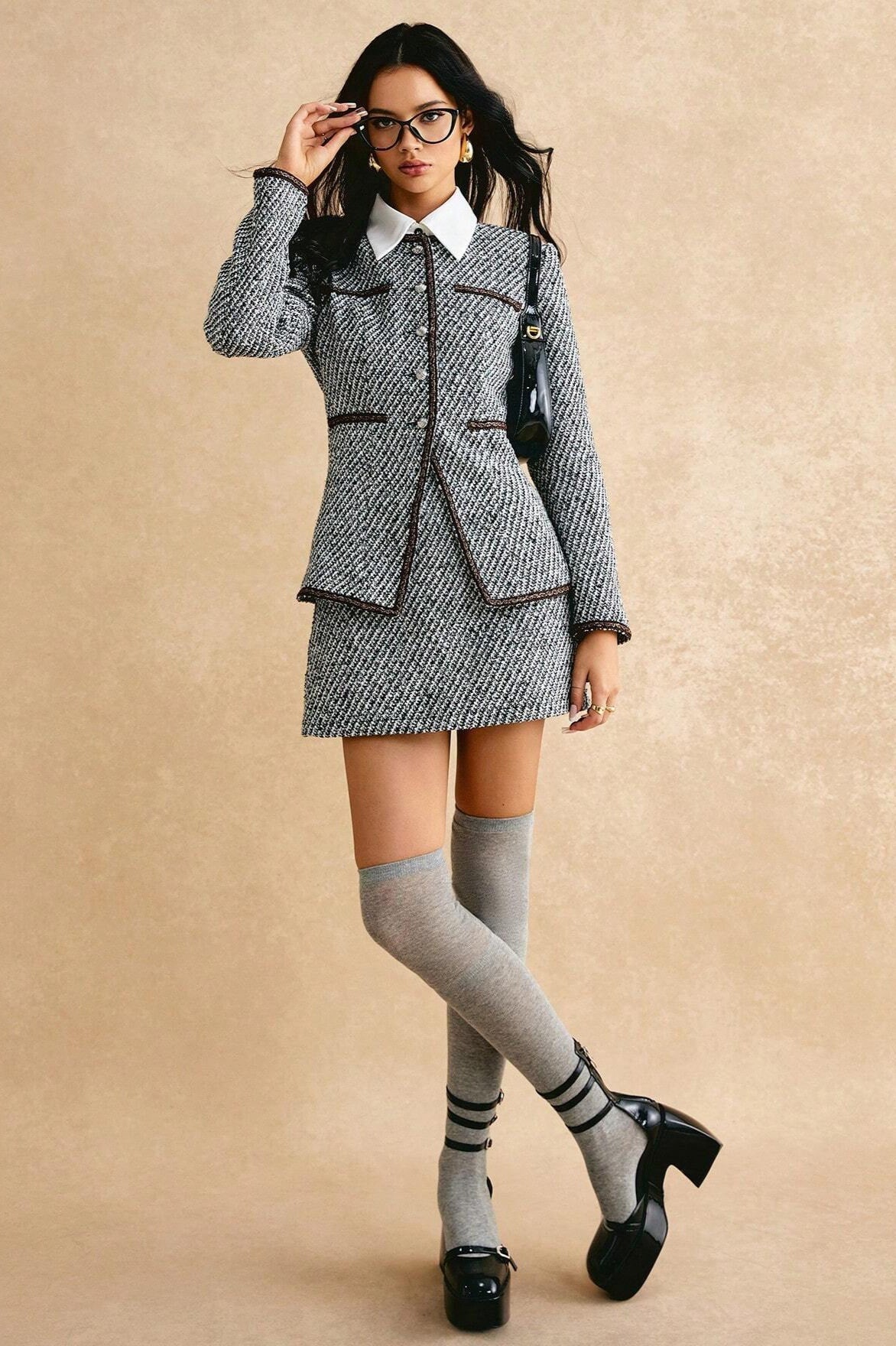Chic und Stil | Tweed Revers Jacket & Skirt Two-Piece Set
