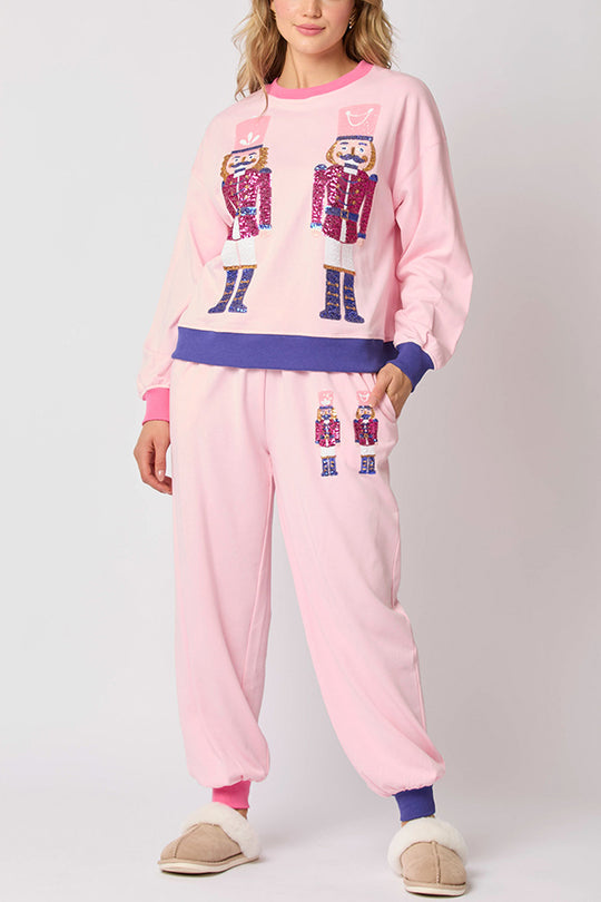 Chic und Stil | Santa Claus Sequin Casual Sweatshirt and Elastic Waist Loose Pocket Pants Set