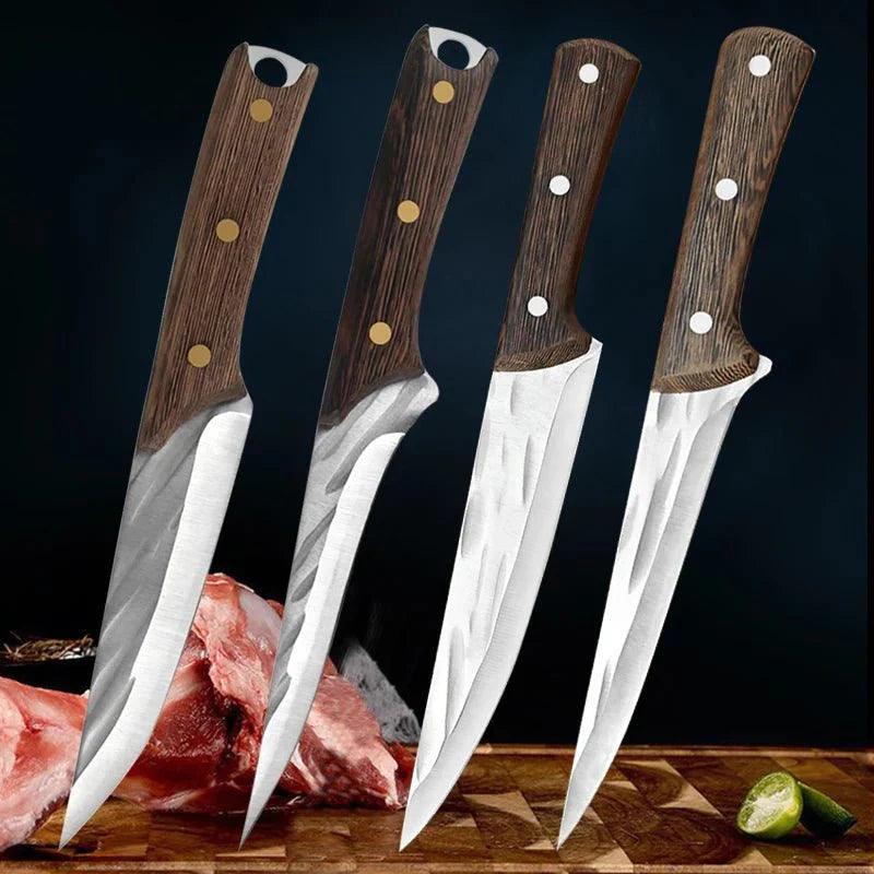 Couteau à désosser Forgé à la Main Couteau de Chef Couteau de Boucher avec Étui en Cuir, 4 Pièces - ChicUndStil