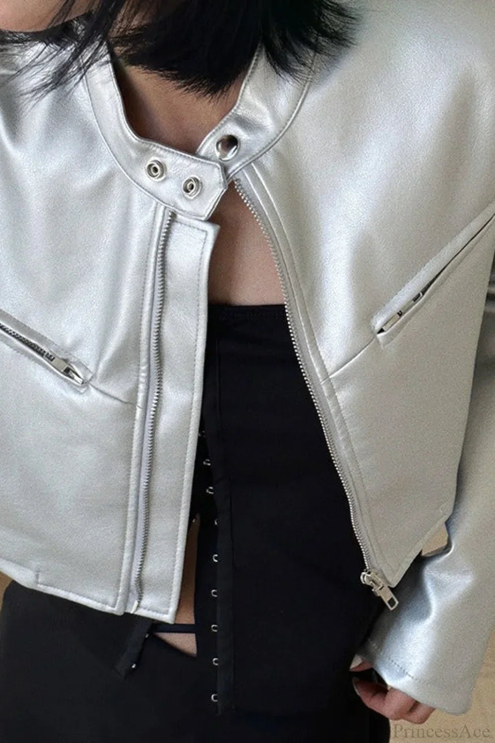 Chic und Stil | Funnel Neck Snap Leather Short Jacket