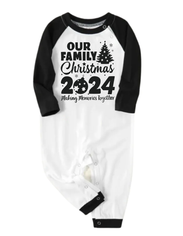 Chic und Stil | Christmas Tree & "Create memories together 2024" Black sleeve tops with contrast patterns and pajama sets with black and green plaid pants for family gatherings with dog bandana