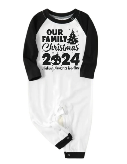 Chic und Stil | Christmas Tree & "Create memories together 2024" Black sleeve tops with contrast patterns and pajama sets with black and green plaid pants for family gatherings with dog bandana