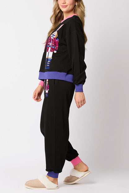 Chic und Stil | Santa Claus Sequin Casual Sweatshirt and Elastic Waist Loose Pocket Pants Set