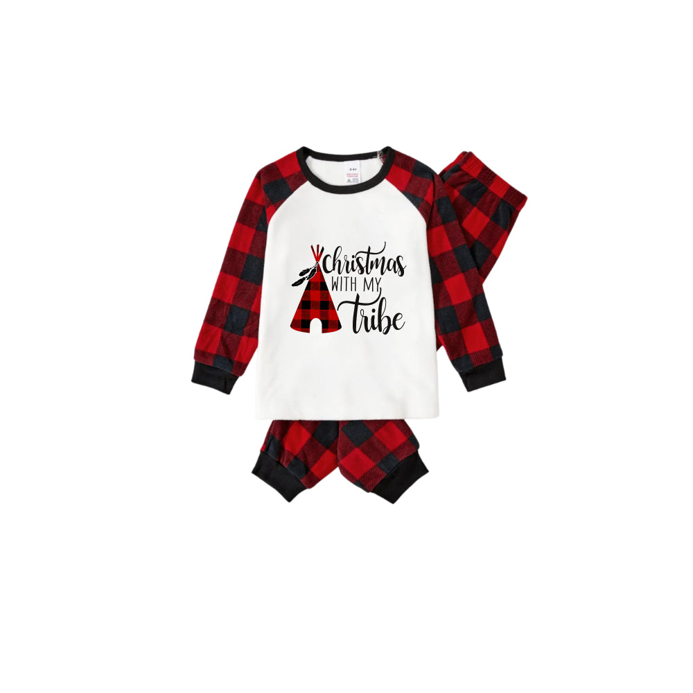 Chic und Stil | "Christmas With My Tribe" Pattern White Long Sleeve with Black-Red Checkered Pants Family Matching Pajamas