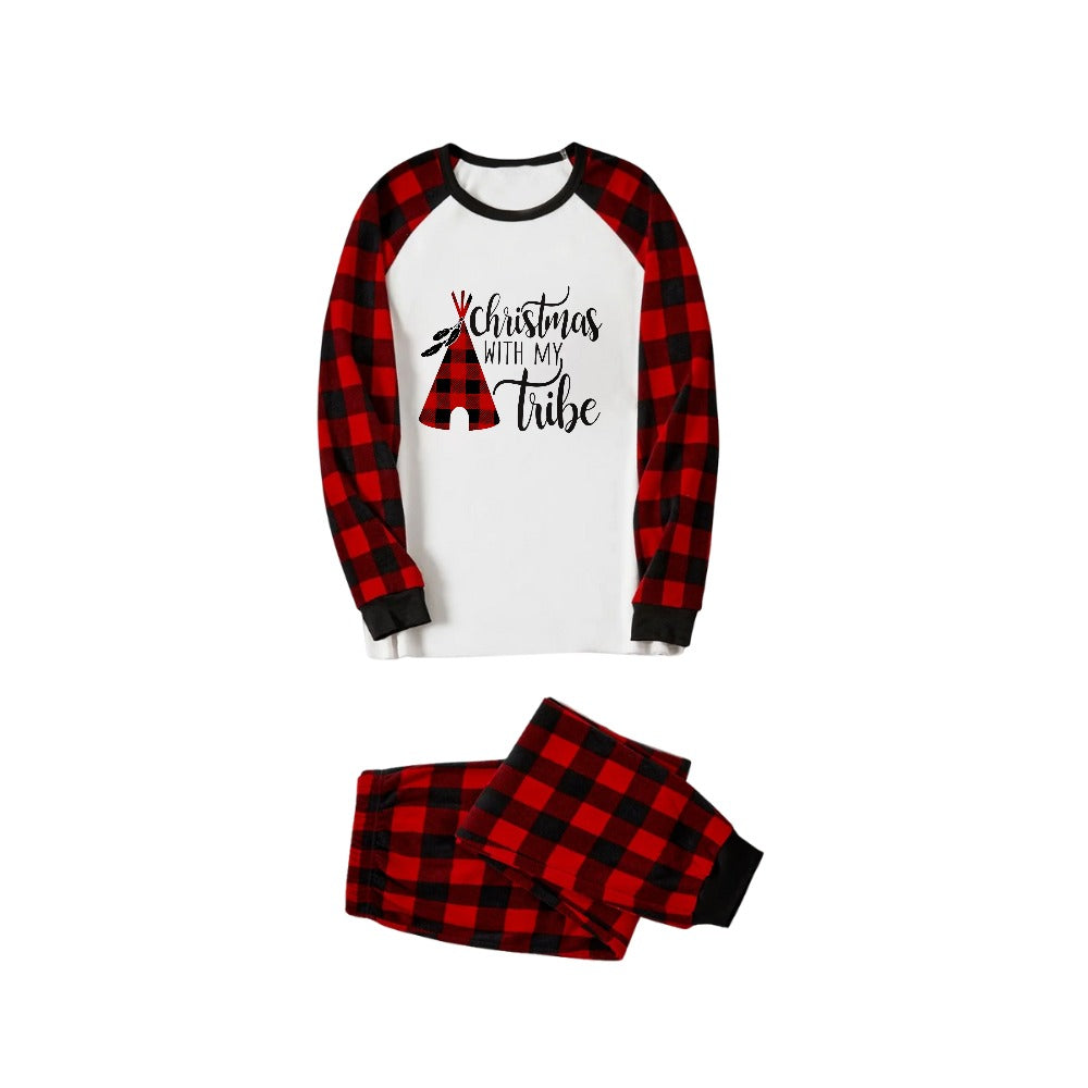Chic und Stil | "Christmas With My Tribe" Pattern White Long Sleeve with Black-Red Checkered Pants Family Matching Pajamas