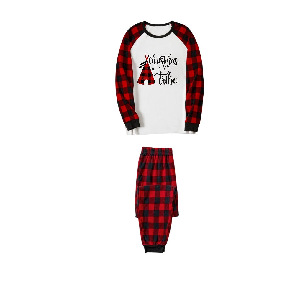 Chic und Stil | "Christmas With My Tribe" Pattern White Long Sleeve with Black-Red Checkered Pants Family Matching Pajamas