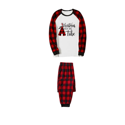 Chic und Stil | "Christmas With My Tribe" Pattern White Long Sleeve with Black-Red Checkered Pants Family Matching Pajamas