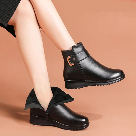 Chic and Style | Women's orthopedic boots with metal buckle in genuine leather and wool