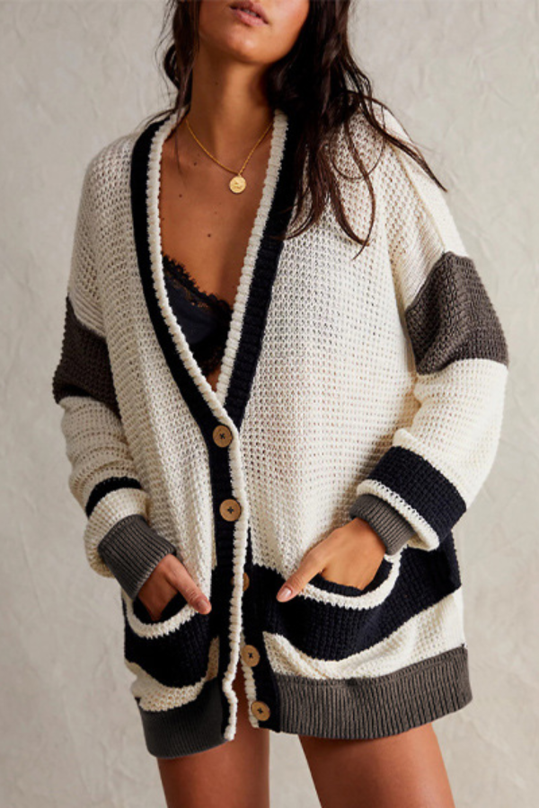 Chic und Stil | Jacket Oversized Pocket Colorblock Cardigan Pullover