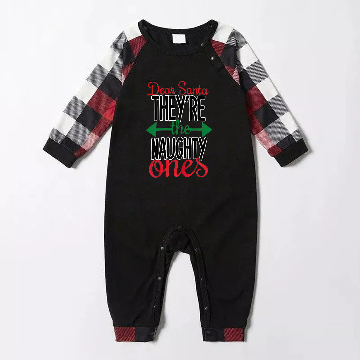 Chic und Stil | Dear Santa You are the naughty' Long sleeve printed sweatshirts Casual tops and Red & black & white plaid pants Family matching pajama set with dog bandana
