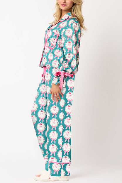 Chic und Stil | Christmas Printed Velvet Lacing Long Sleeve Bag Top and Elastic Waist Pants Set