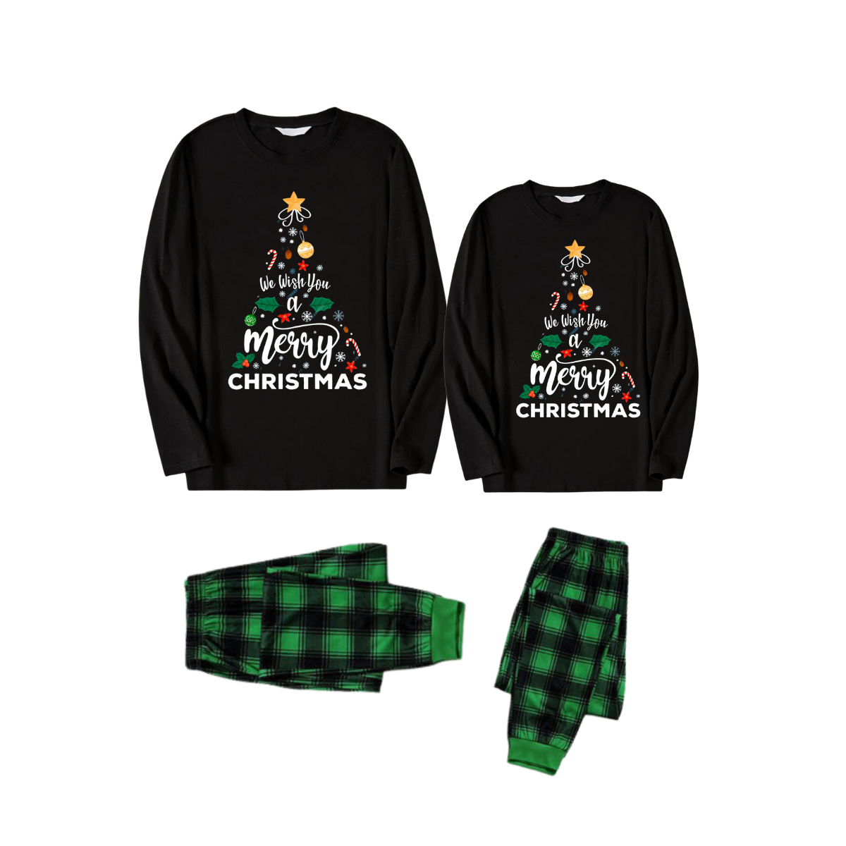 Chic und Stil | "We wish you a Merry Christmas" Printed Pattern Black Long Sleeve Top with Black and Green Checked Pants Pair Matching Pyjamas