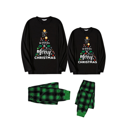 Chic und Stil | "We wish you a Merry Christmas" Printed Pattern Black Long Sleeve Top with Black and Green Checked Pants Pair Matching Pyjamas