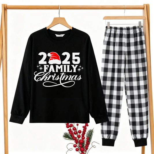 Chic und Stil | "2025 Family Christmas" Letter Print Black Long Sleeve Top with Black and White Checkered Pants Partner Matching Pajamas