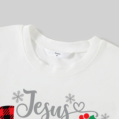 Chic und Stil | Christmas "Jesus is the reason for the season" letter print patterned white long sleeve with white & red & green checkered pants family matching pajamas