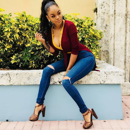 Women High-waisted Slim-fit Jeans with Ruffles and Trendy Chic Neckline