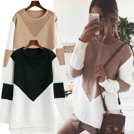 Pull femme tendance avec décolleté en V structuré et blocs de couleurs modernes Chic und Stil