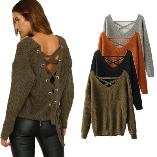 Pull-over en tricot pour femmes avec décolleté en V profond et design décoratif au dos Chic und Stil