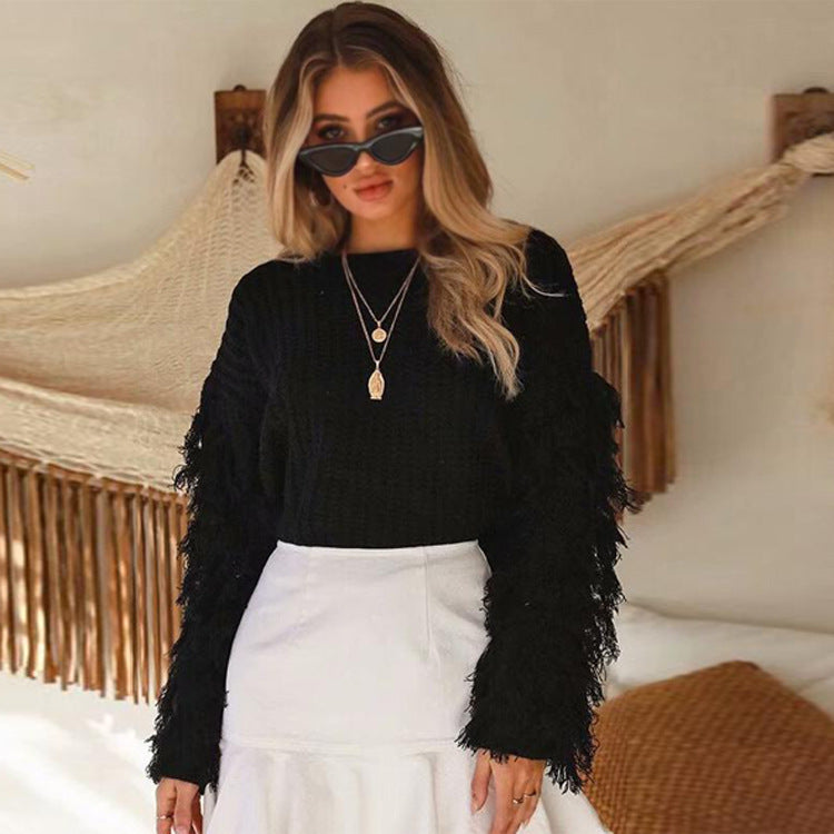 Dames gros pull en maille avec des manches à franges et une coupe décontractée Chic und Stil