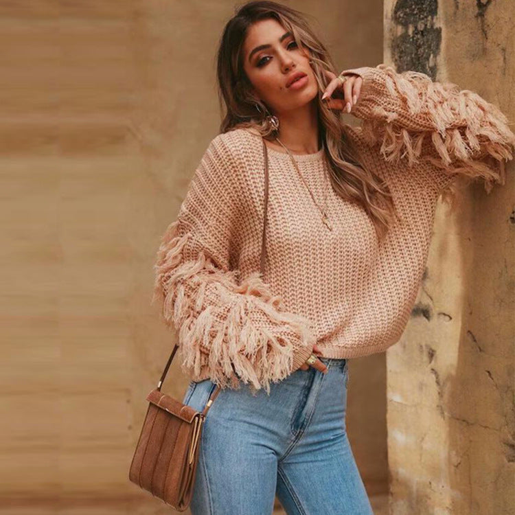 Dames gros pull en maille avec des manches à franges et une coupe décontractée Chic und Stil